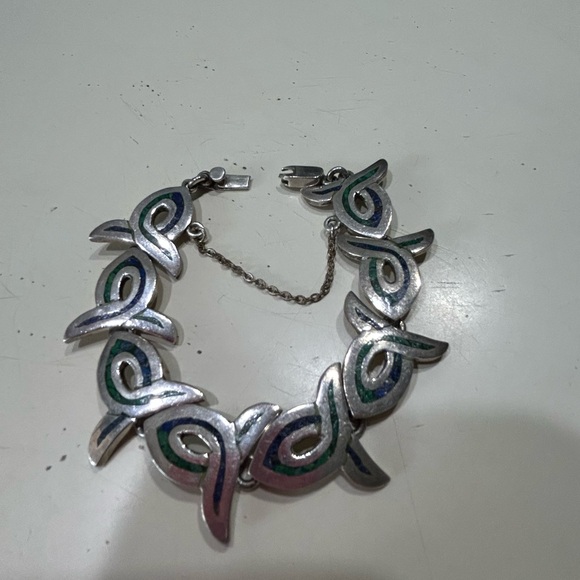 Taxco Mexico inlaid Malachite and Lapis Sterling Silver Bracelet. - Picture 2 of 9